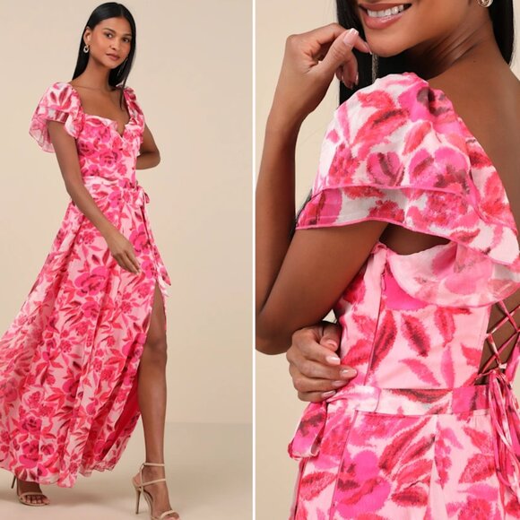 NEW Lulus Sensationally Sweeter Bright Pink Floral Ruffled Maxi Dress - Size M - Picture 3 of 3